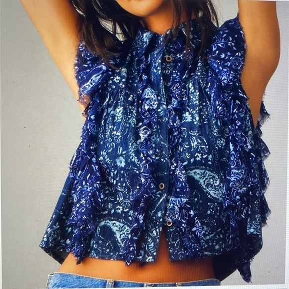 NWT PILCRO Denim Cropped Vest Top Blouse Womens XL button up Bohemian cropped - Picture 1 of 9